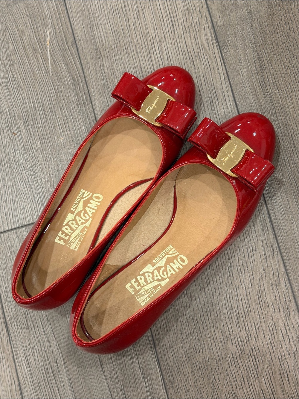 Salvatore Ferragamo Red Patent Varina Bow with Gold Hardware
